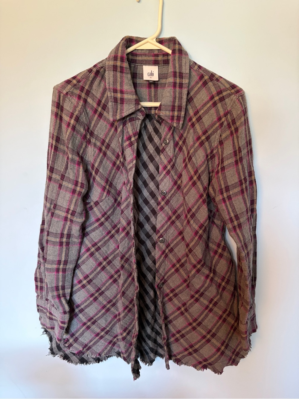 CAbi Plaid Button-Up Jacket in Taupe & Berry Plaid